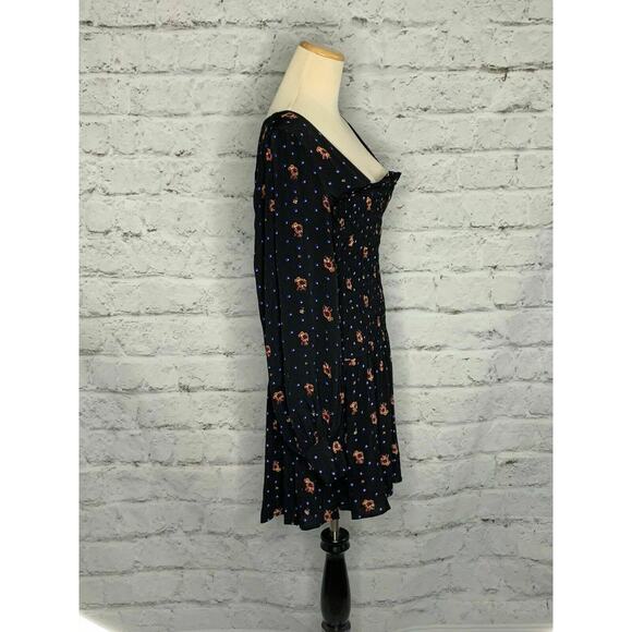 FREE PEOPLE black Floral Long Sleeves Peasant Mini Dress Small - Picture 8 of 11